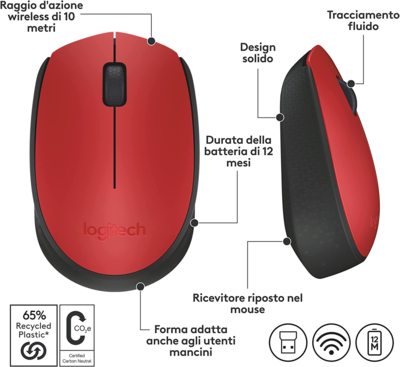 / LOGITECH M171 Wireless Ottico Mouse Nero/Blu/Rosso