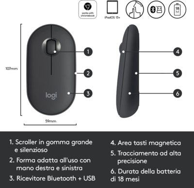 LOGITECH PEBBLE Wireless Ottico Mouse BT 